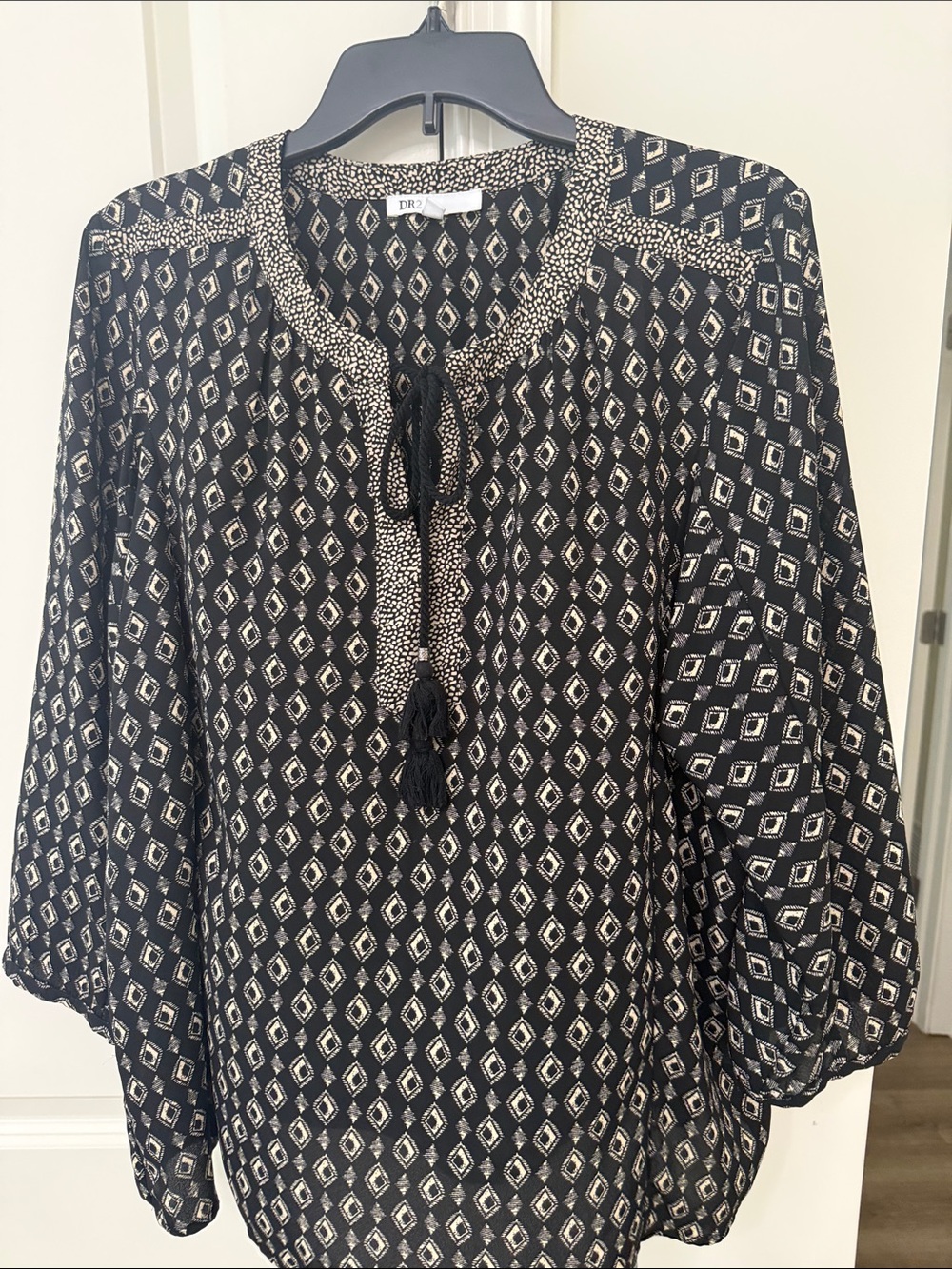 DR2 Black & Cream Geometric Tie-Neck Tunic